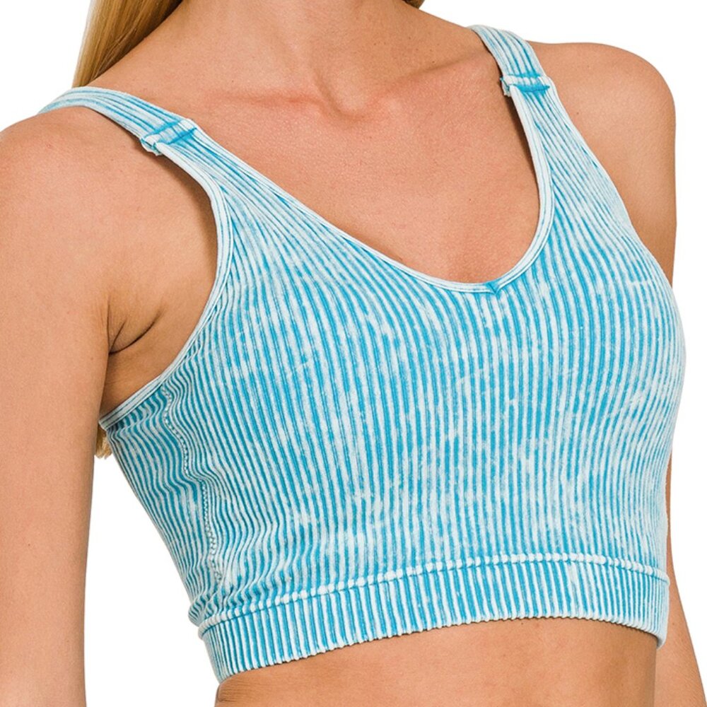 Washed Ribbed Cropped Seamless Bra Padded Tank Top Brami - Ice Blue